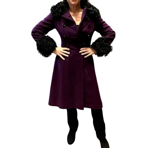 Vintage Jackets & Blazers - Retro VTG Purple Miss Magnin for I. Magnin Wool Coat curly lamb collar cuffs XS